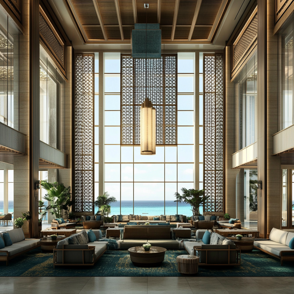 Polished high-rise hotel bedroom with skyline view