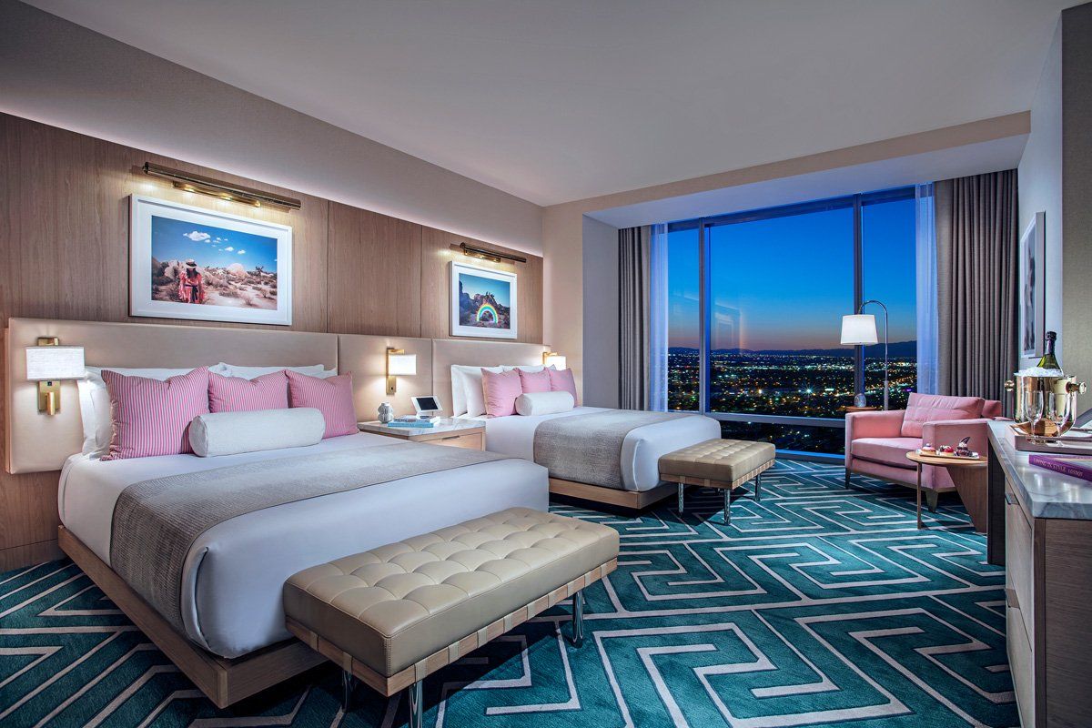 Premium casino hotel guest room with city view