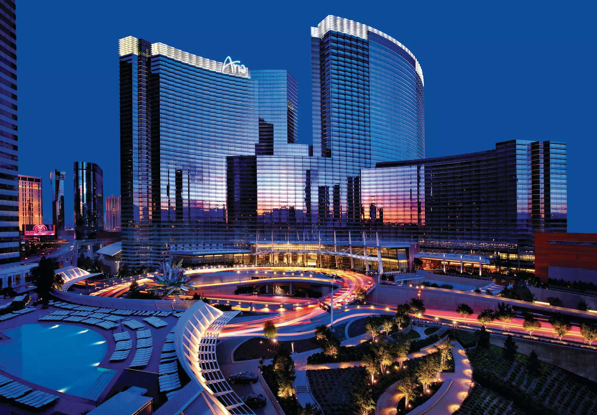 High-rise casino hotel with city skyline views