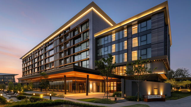 Modern casino hotel exterior with glass facade