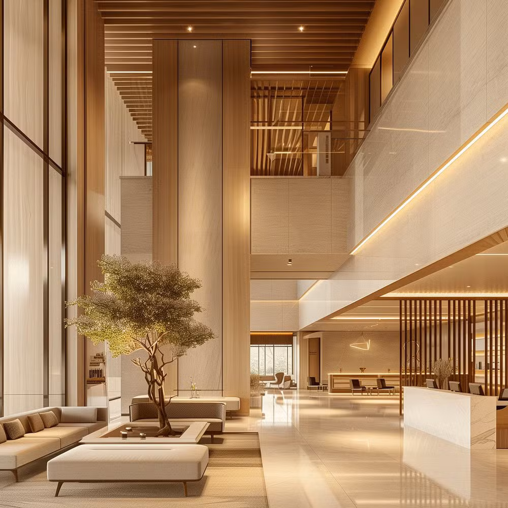 Grand casino hotel lobby with polished floors and ambient lighting